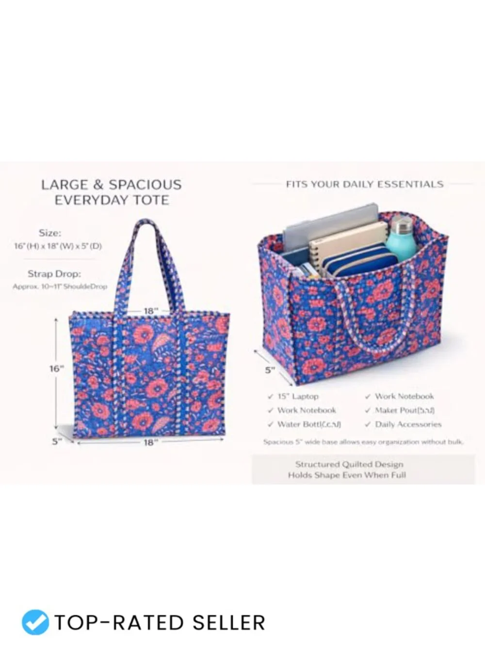 Large Quilted Cotton Tote Bag with Zipper, Handmade Block Print, Travel Tote